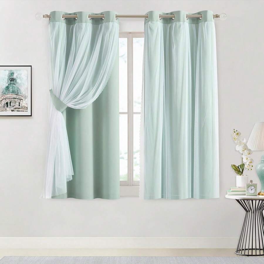 Beige 80% Blackout Curtains With Sheer Overlay, Double Layer Thermal Insulated Window Panels, 63 Inch, Living Room And Bedroom, Beige Drapes With Tiebacks, Grommet Top, 37 X 63 L X 2, Modern Home Decor - 鴨蛋 - 查看 1