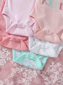 5-Piece Baby Triangle Jumpsuit Cotton Cartoon Letter Printed Women's Baby Jumpsuit Wrapped Burden Baby Clothes Outfits For Outdoor Use, Daily Home Wear - 粉色 - 查看 6