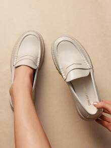 Women Platform Loafers 1.57-Inch Chunky Mid-Heel Flatform Loafer Round Toe Versatile Classic Casual Slip On Shoes, 2026 New Spring Summer Shoes - 米色 - 查看 2
