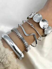 5pcs Set Vintage Exaggerated Luxury Geometric Design Wide Metal Gold Bangle Bracelet Set, Suitable For Daily Wear And Gift - Multicolor - View 16