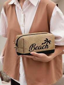 Beach Themed Tote Bag Set With "Beach" Lettering And Palm Tree Graphics. This Fashionable Foldable Beach Bag Is Perfect For Swimming And Beach Trips. It Can Also Be Used As A Women's Shoulder Bag, Grocery Shopping Bag, Or Multipurpose Storage Bag. Chic Commuter Handbag - Multicolor - View 6
