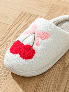 女士冬季保暖拖鞋，带可爱蝴蝶结和樱桃刺绣，平跟室内休闲拖鞋 - 白色 - 查看 4