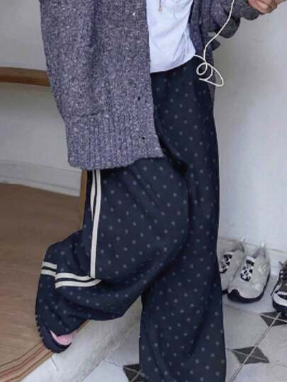 귀여운 레트로 일본 스타일 하이 웨이스트 슬리밍 도트 스트레이트 레그 캐주얼 팬츠 봄