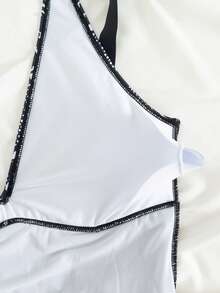 女士连体泳衣，性感印花V领交叉前襟泳装，夏季沙滩装 - 彩色 - 查看 5