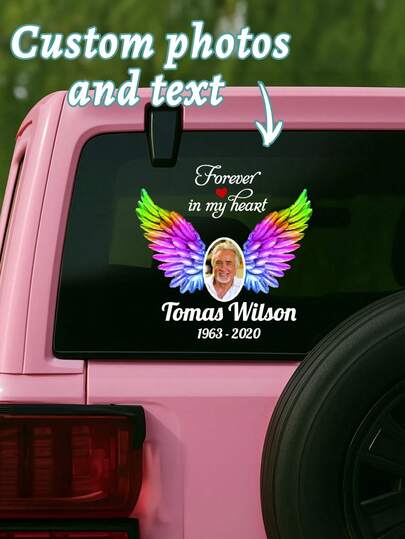 Bộ 1/2/3 miếng dán tưởng niệm tùy chỉnh, ảnh và văn bản tùy chỉnh, hình cánh chim nhiều màu sắc, RIP (Rút gọn, an nghỉ) - Mãi mãi trong trái tim con, bố, mẹ, nhãn dán tưởng niệm ảnh cá nhân hóa cho xe hơi, máy tính xách tay.