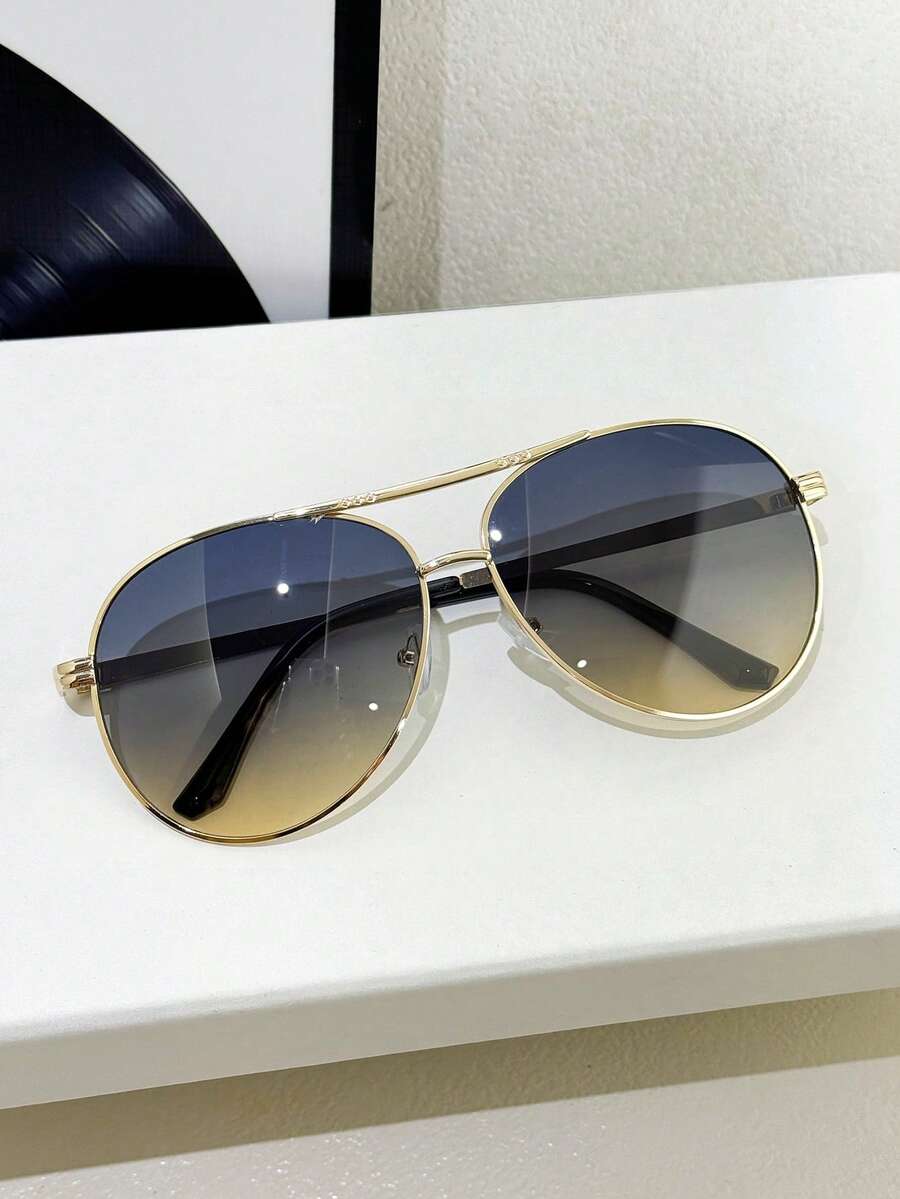 1pc Women's Metal Oval Frame Retro Double Bridge Fashion Pilot Fashion Glasses For Vacation Beach Accessories For Women Glasses Shades - màu vàng lục - Xem 1