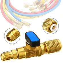 Válvula de bola de paso recto SAE, rosca externa de 1/4" a rosca interna de 1/4", válvula para líquido refrigerante para aire acondicionado y refrigerador con carga de refrigerante R22 AC, con adaptador  para válvula - Azul - Ver 2