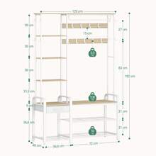 Hzuaneri Coat Rack With Shoe Bench, Wardrobe With Shoe Bench, 1 Drawer, Clothes Rack With 17 Hooks, 1 Hanging Rail, 4-Tier Side Frame, 120 X 40 X 182 Cm - White Oak Color - View 7