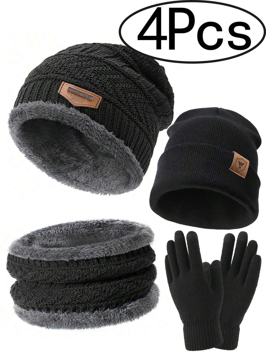 4pcs/Set Winter Knit Hat, Scarf, Touchscreen Gloves Set, Warm Thick Thermal Lined Beanie, Scarf, Gloves - B - View 1