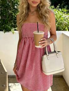 Đầm hai dây trễ vai màu đỏ trắng kẻ caro nhuộm tie-dye thanh lịch, thoải mái dành cho nữ, thích hợp mặc đi biển hàng ngày, nghỉ lễ, mùa xuân, trang phục đi biển, đầm kẻ caro. - Đỏ và trắng - Xem 1