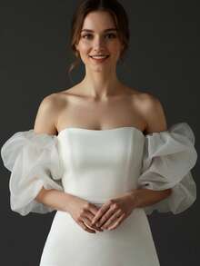 1对白色薄纱袖口，公主风臂套，适合婚纱、礼服、派对场合 - 乳白色 - 查看 4