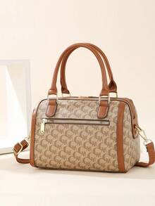 新款优雅复古印花波士顿手提包套装，大容量通勤单肩包三件套 - 玫瑰金 - 查看 5