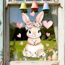 1pc Easter Static Window Cling Happy Bunny With Flowers Eggs And Hearts Pattern Glass Decoration Sticker Electrostatic No Glue Removable Waterproof PVC Double Sided Visual Decal For Living Room Kitchen Shop Window Spring Holiday Farmhouse Home Decor Adults - Multicolor - View 7