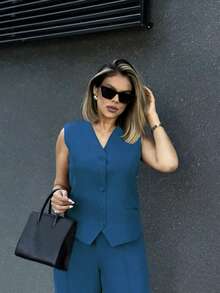 法式优雅修身休闲V领无袖前开襟衬衫，搭配宽松长裤 - 藍色 - 查看 6