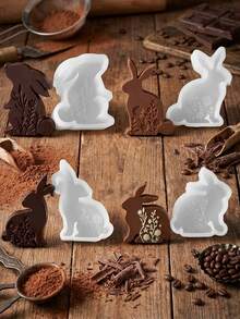 1pc Silicone Flat Rabbit Chocolate Mold, Featuring A Relief Floral Pattern Design. It Is A Standing Rabbit-Shaped Small Cake Mold And Can Also Be Used As A Cartoon Rabbit-Shaped Soap Or Aromatherapy Mold. - White - View 7