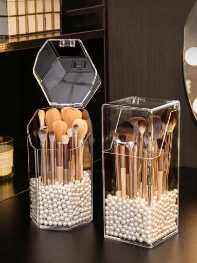 1pc Acrylic Makeup Brush Holder, Dust-Proof Makeup Brush Organizer, Minimalist Plastic Square Pen Cup Dual As Makeup Brush Storage Bucket, Transparent Cosmetic Storage Box, Suitable For Bedroom And Home Decor, Brush Protector Display Box (Pearls Not Included)