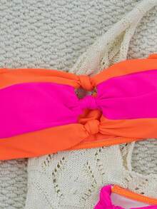 Bộ bikini hai mảnh phối màu tương phản 26SS dành cho nữ, kiểu cổ yếm khoét rỗng, dây đeo có thể tháo rời, màu neon tương phản, bộ bikini mùa hè dành cho nữ, thích hợp cho bãi biển, dã ngoại, tiệc bể bơi, những ngày nắng đẹp. - Màu Hồng Tươi - Xem 8