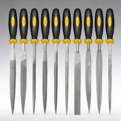 Kit De Lima De Afiação De Serras De Corrente De 10 Peças ,com pega de borracha, arquivo e haste temperados a alta temperatura, kit de arquivo de aço carbono para metal, madeira, vidro, plástico, couro falso, joias.
