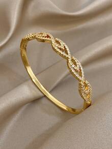 1Pc Luxury 18K Gold Plated Leaf Shape Bangle Bracelet, Full Crystal Pave Linked Design, Fashion Nature-Inspired Wrist Bracelet For Girl, Evening Party & Special Occasions, Chic Jewelry Gift For Birthday, Anniversary, Valentine's Day & Holidays - Multicolor - View 2