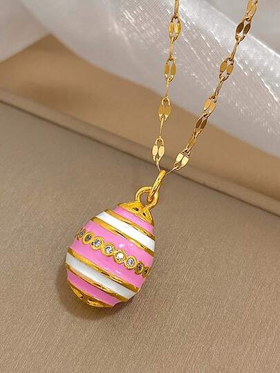 1件18K镀金复古甜美粉色、黄色、蓝色珐琅和锆石蛋形吊坠不锈钢项链，女士奢华珠宝，适合复活节、情人节、派对、晚宴、日常佩戴、约会、新年、婚礼、海滩、圣诞节、周年纪念日、优雅妈妈礼物、波西米亚风珠宝、生日礼物、伴娘礼物