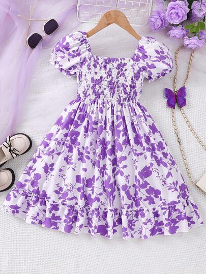 Tween Girls Spring/Summer Floral Print Dress, Square Neck Puff Sleeve Pleated Waist Loose Flowy Ruffle Hem Children Fashion Cute Casual Princess Dress