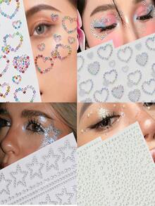 4张闪亮爱心、星星和珍珠点缀的魅力脸部贴纸套装 | 打造眼妆和派对造型 | 可爱奢华的情人节和节日风格 - 彩色 - 查看 2