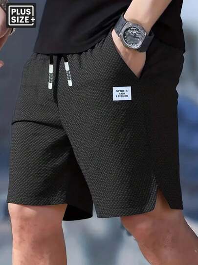 Plus Size Men's Lightweight Breathable Loose Casual Sports Shorts, Suitable For Summer Beach, Outdoor Activities, Running, Fitness And Daily Wear Black