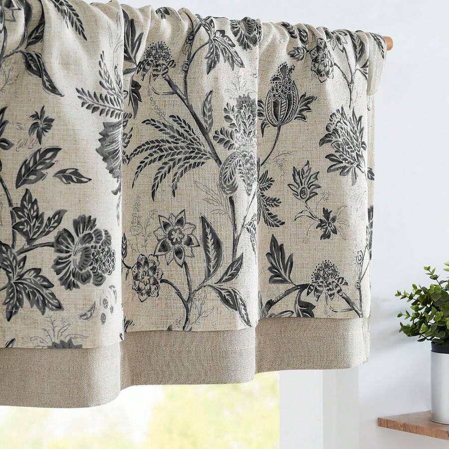 Linen Valance Kitchen Curtain Double Layer 16 Inch Living Room Bedroom Bathroom Window Treatment Blackout Vintage Rustic Farmhouse Cottagecore Rod Pocket 1 Panel On Beige - 雅各賓式 | 黑色 - 查看 1