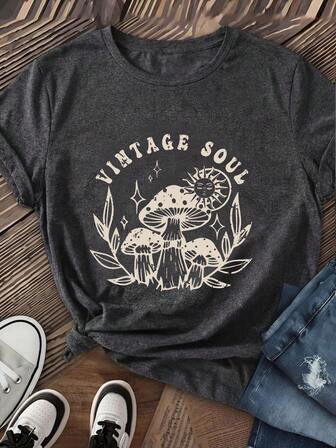 大码女式日常复古灵魂，蘑菇、太阳、树叶装饰圆领短袖休闲春夏秋季大码T恤情人节/返校季图案T恤女款