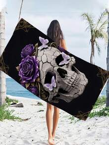 1pc Gothic Halloween Beach Towel, 250gsm Ultra-Fine Fiber Quick-Dry & Super Absorbent, Dark Skull Crack Rose Pattern, 70x140cm Or 90x180cm, Multi-Functional Sand Mat, Yoga Mat, Camping Blanket, Travel Shawl - Multicolor - View 16