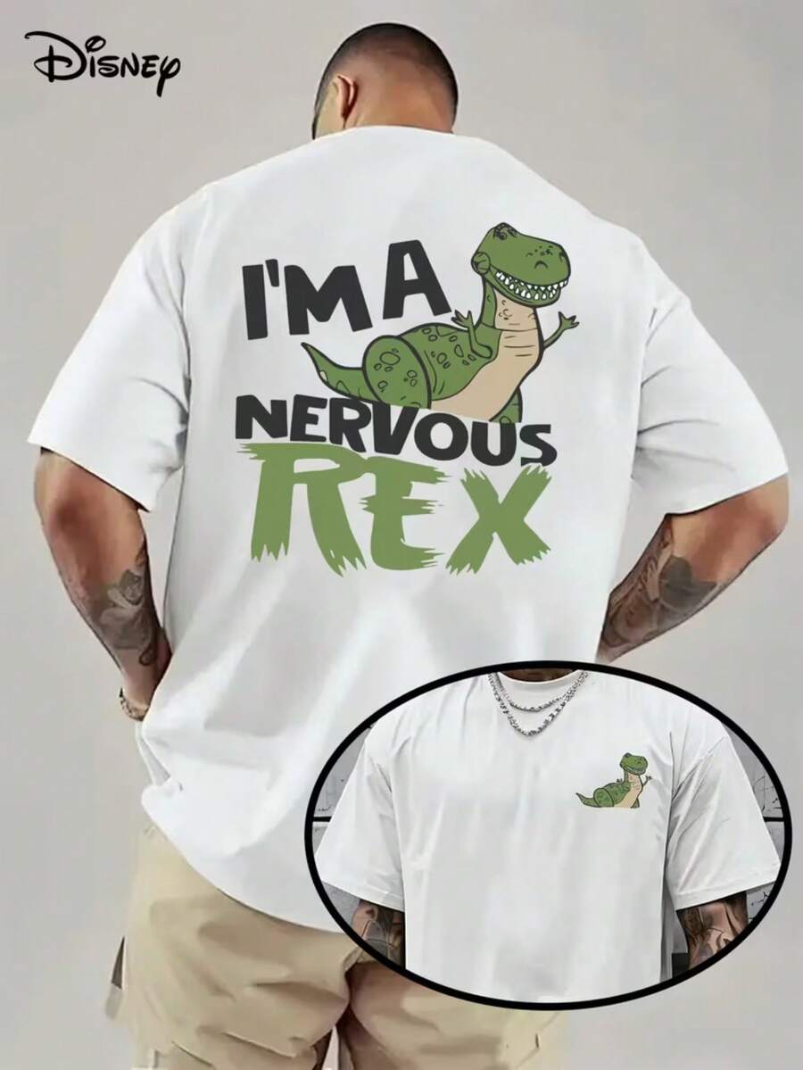 1 Disney Toy Story Rex Shirt Men's T-Shirt-"I'm A Nervous Rex" On The Back, Dark Background, Breathable Lightweight Fabric, Regular Cut Round Neck T-Shirt, Suitable For Birthday Parties, Racing Fans-Official Disney Pixar Movie Merchandise Gifts, Summer Clothes, Playful Design, Comfortable To Wear. - trắng - Xem 1