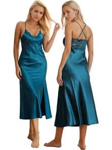 Women Silky Satin Nightgown Sexy Lace Chemise Lingerie Long Sleepdress For Ladies Sleepwear Slip Negligee 3073 - Blackish Green - View 2