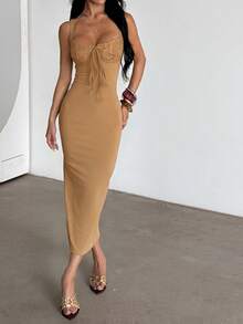 Đầm hè Onicee màu kaki phối ren, xẻ tà, dây đeo mảnh, kiểu dáng thanh lịch dành cho nữ, thích hợp cho ngày Valentine, hẹn hò, tụ họp, tiệc tùng, du lịch, nghỉ mát, đi biển. - Màu Khaki - Xem 5