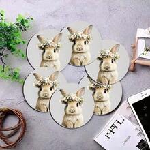 6pcs/Set Vintage Easter Rabbit & Egg Design Round Wooden Coasters/Placemats, Kitchen, Dining, Home Decor Accessories, Best Gift For Friends And Family On Easter, Back To School, Spring, Valentine's Day, Wedding Party - Multicolor Upgrade - View 7