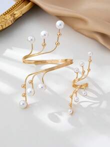 2 Stück/Set Europäischer & Amerikanischer Stil übertriebener geometrischer Hohllinien Perlen eingelegt Armband & Ring Schmuckset, elegante & charmante Accessoires geeignet für den täglichen Gebrauch, Partys, Urlaub - Gold+Weiß - Übersicht 2