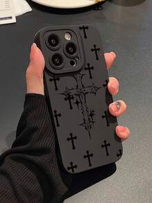 Cross Print Liquid Silicone Mobile Phone Case Full-Body Protection Shockproof Anti-Fall TPU Soft Rubber Case For IPhone11/12/13/14/15/15pro/15 Plus/15 Promax/7plus/8plus/X/Xs Max/Xr/11pro/12pro/13pro/14pro/12mini/13mini/11promax/12promax/13promax/14promax/14plus/6/6s/6plus/7/8/Se&Compatible With Samsung Galaxy/A54/A14/A12/A13/A15/A32/A33/A24/A52S/S20/S21/S22/S23/S24/S23Plus/S24ultra - Black - View 1
