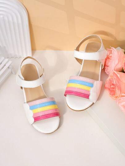 1 Pair Girls Rainbow Striped Cloud Shaped Sandals, White & Gradient Rainbow Stripes, Soft Fabric, Durable, Comfortable Non-Slip Open Toe Low-Top, Adjustable Hook And Loop, Flat, Sweet Rainbow Style Girls Sandals For Summer Outings/Birthday Party