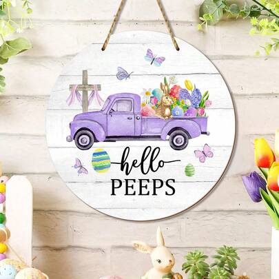 1pc Easter Wooden Decorative Ornament Hello Spring Holiday Welcome To The Front Door Decoration Easter Purple Truck Pattern Wooden Logo Friends Neighbors Welcome To The Family Courtyard Garden Farmhouse Porch