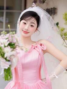 1件轻盈珍珠蝴蝶结单层教堂式新娘头纱，适合女士派对、短款珍珠头纱、简约订婚装饰头纱、婚礼头纱、角色扮演头纱、主题派对头纱、求婚头纱，便携易带 - 白色 - 查看 4
