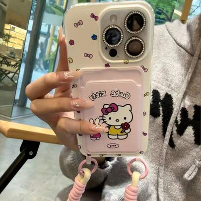 Sanrio 1pc New Fashion Pink Hello Kitty Bow TPU Card Holder With Lanyard, Compatible With IPhone 17 Pro Max/16/15/14/13/12, Cute Cartoon Design, Girly