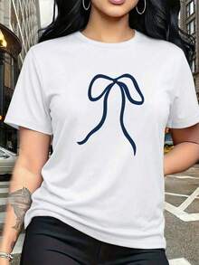 大码女式日常蝴蝶结图案圆领短袖休闲春夏秋季大码T恤，情人节/返校季印花T恤，女士情人节穿搭，女士度假穿搭，情人节，夏季，女士夏季穿搭，女士穿搭，春夏过渡，女士夜店穿搭，女士上衣，情人节穿搭，夏季上衣