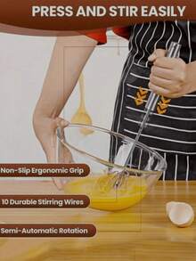 1个简易手动打蛋器，不锈钢材质，半自动按压旋转式，适用于家庭厨房，可用于搅拌鸡蛋、牛奶、面团等。 - 彩色 - 查看 13