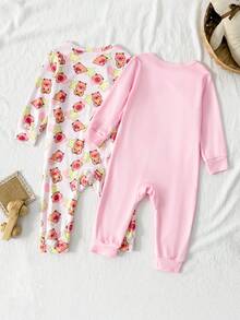 2 pcs Set Piyama Bayi Perempuan Lucu & Simpel, Romper Kancing Depan Motif Hewan Capybara, Bahan Lembut Cocok untuk Musim Semi, Gugur, dan Dingin - MultiWarna - View 3