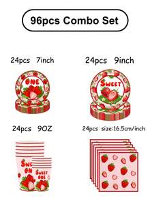 96 piezas "Sweet No.1" Juego de suministros para fiesta con tema de fresa - Platos, vasos y servilletas desechables de papel con estampado de fresa roja | Adecuado para celebración de 1er cumpleaños, fiesta temática dulce para niñas y fiesta con estilo de frutas | Decoraciones impresas "Sweet No.1" aplicables para recuerdos de fiesta infantil, decoraciones de fiesta en el hogar y artículos esenciales para ocasiones especiales - Multicolor - Ver 6