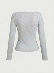 Basic Minimalist Crew Neck Double Layer Seamless Slim Fit Long Sleeve Top Casual Spring - Light Grey - View 5