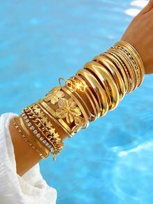 25-1件复古优雅硬币风格时尚金属几何不规则水钻花朵爱心蝴蝶结锤纹多层镂空宽手链套装，适合男女情侣派对结婚周年纪念礼物、日常佩戴 - 彩色 - 查看 2