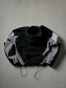 Men's Black & Grey Patchwork Sherpa Lined Hoodie Jacket, Loose Street Style Warm Outerwear - Black - View 8