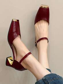 Square Toe Studded Mary Jane Shoes, Versatile Buckle Strap Black High Heels, Fashionable Sexy Slingback Red Patent Leather Chunky Heels For Women - Red - View 4