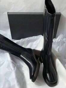 Fall/Winter New Mid-Heel Knee-High Boots, Leather Motorcycle Riding Boots, Versatile Design For Women. [Recommend Ordering One Size Up When Wearing Thick Socks] - 黑色 - 查看 3