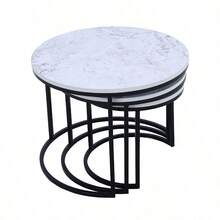 Modern Minimalist 3-Piece Nesting Side Table Set, Sofa Side Table, Living Room Center Coffee Table, Hotel Lobby Display Table, Reception Table, Multi-Purpose Storage Rack. White Marble-Patterned Wood Tabletop, Black Metal Frame, Can Be Stacked Or Placed Separately. - White Marbling - View 3